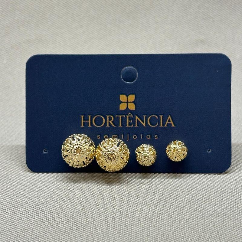 BRINCO DUPLA DE BOLINHAS VAZADA TRABALHADA RENDA 6/10 MM