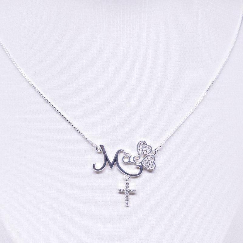 COLAR MÃE COM CORAÇÃO E CRUZ CRAVEJADA