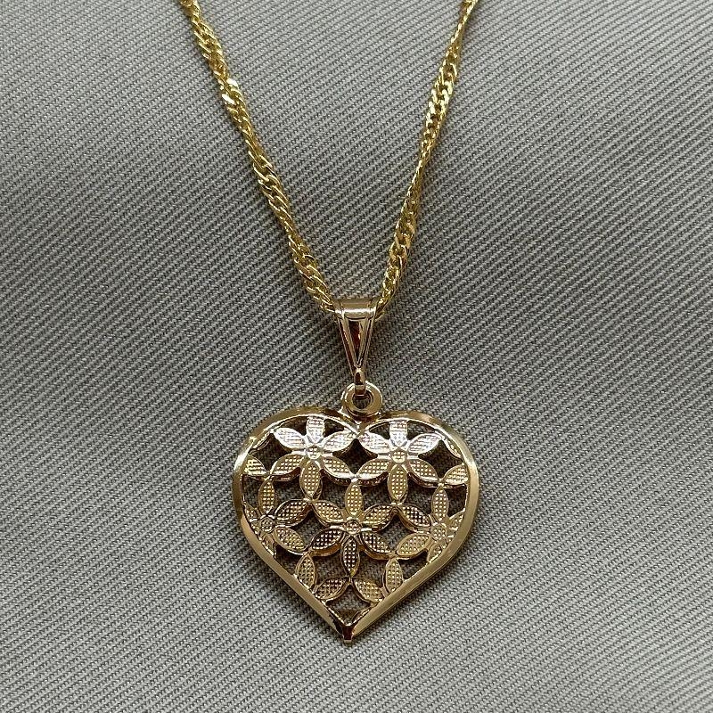 COLAR SINGAPURA PINGENTE CORAÇÃO FLOR 2 TONS DE OURO