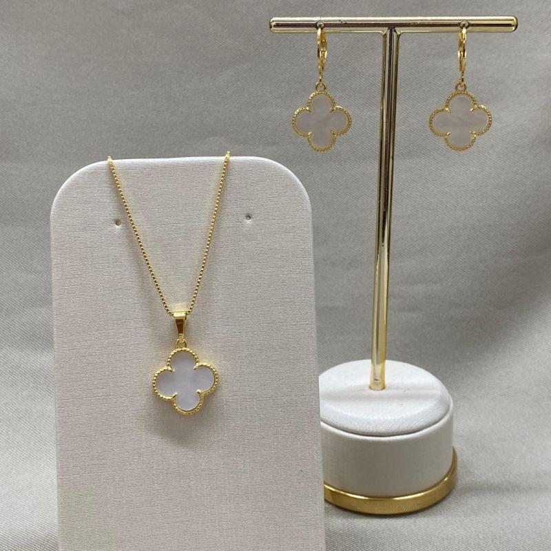 CONJUNTO COLAR E BRINCO BRANCO INSPIRAÇÃO VAN CLEEF