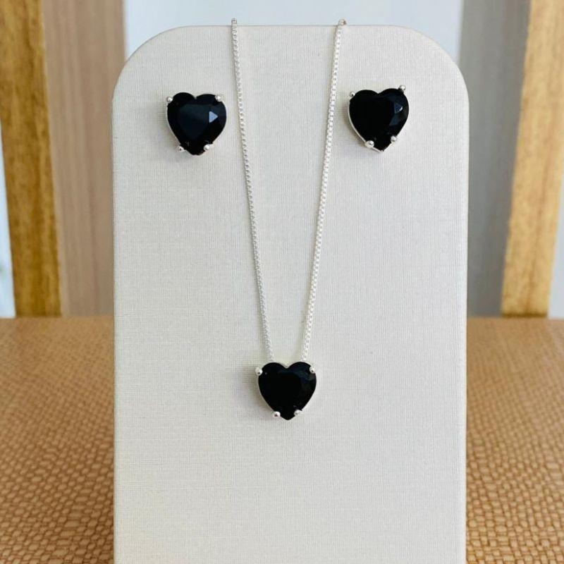 CONJUNTO CORAÇÃO ZIRCONIA PRETA