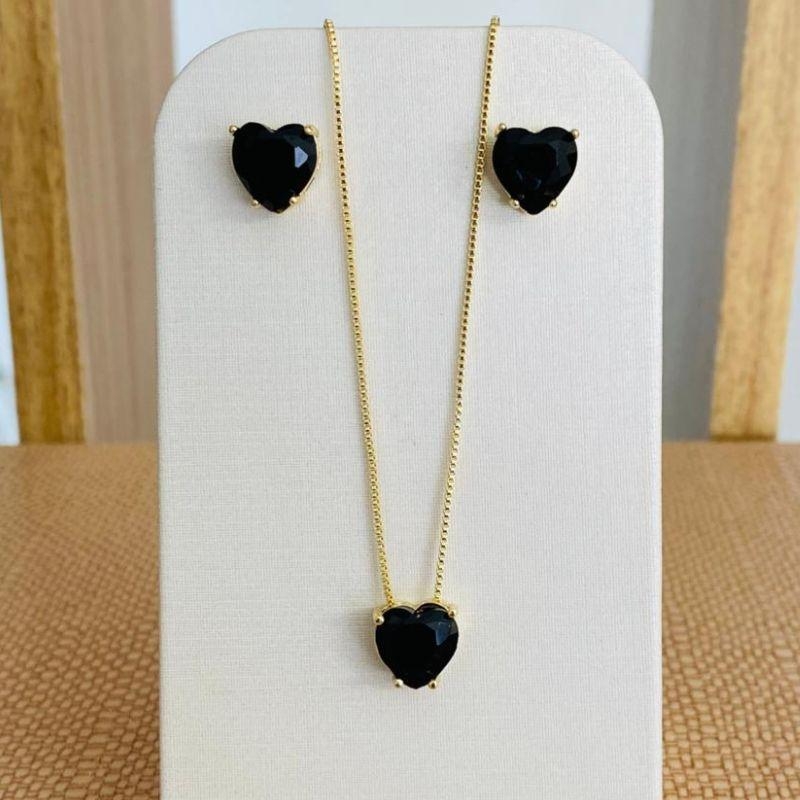 CONJUNTO CORAÇÃO ZIRCONIA PRETA