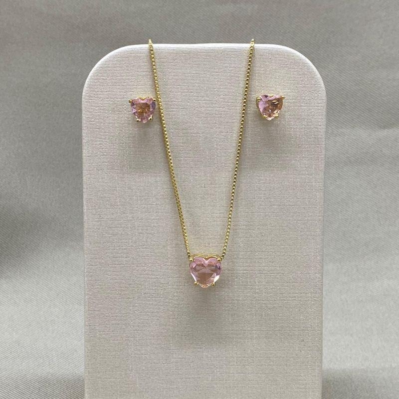 CONJUNTO /PAR DE BRINCOS 6MM/ PINGENTE 8MM LIGHT ROSE
