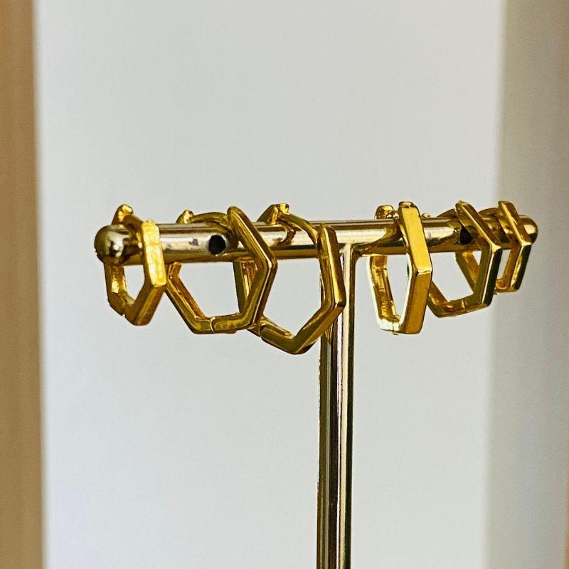 TRIO DE BRINCOS ARGOLINHA HEXAGONAL