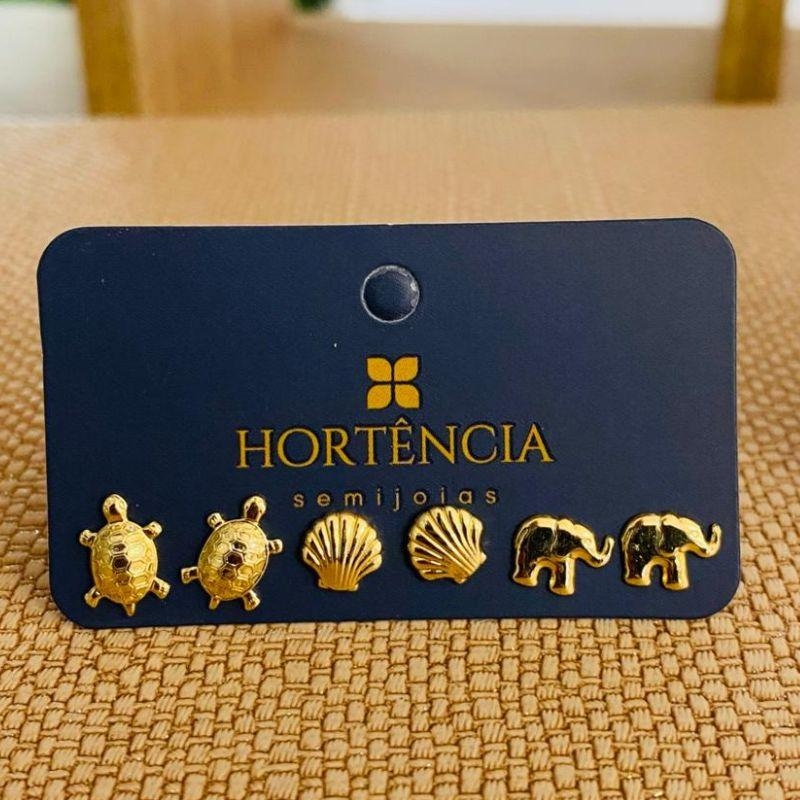 TRIO DE BRINCOS ELEFANTE / TARTARUGA / CONCHA