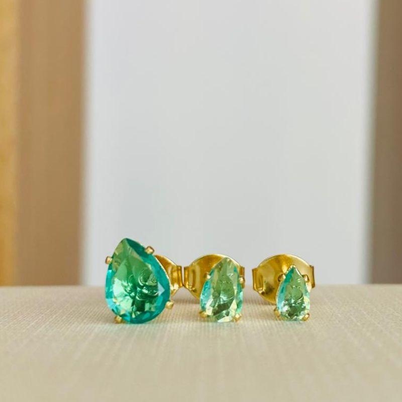 TRIO DE BRINCOS GOTA VERDE CLARO