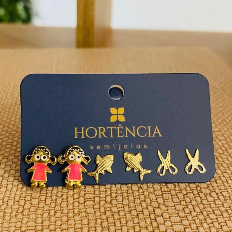 TRIO DE BRINCOS MENINA / PEIXE / TESOURA