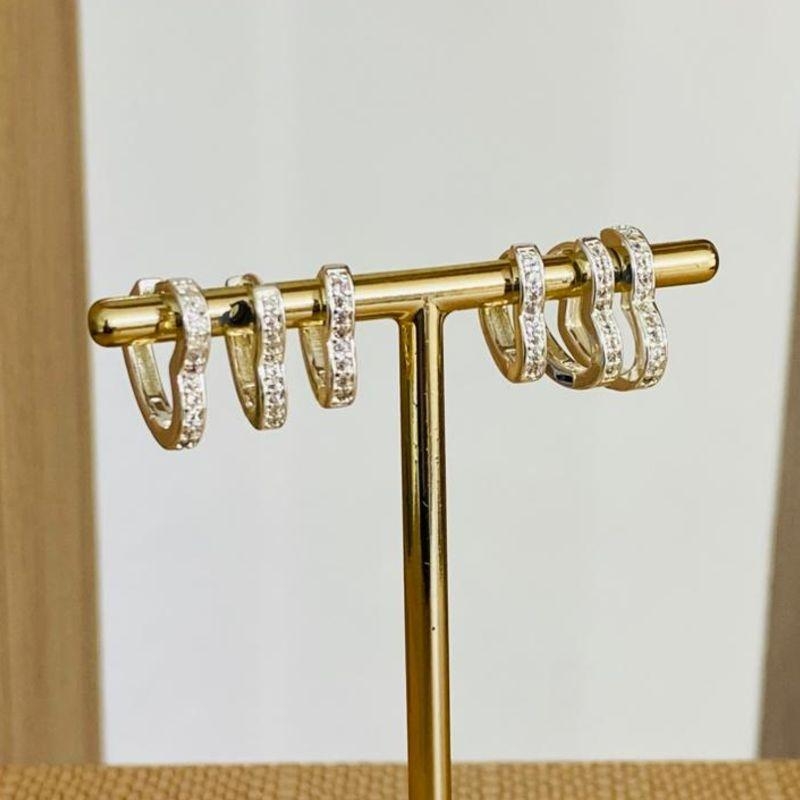 TRIO DE BRINCOS ARGOLINHA CORAÇÃO CRAVEJADO