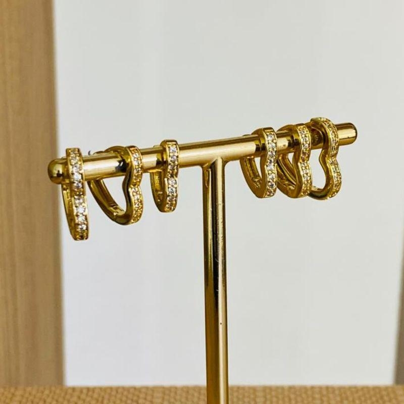 TRIO DE BRINCOS ARGOLINHA CORAÇÃO CRAVEJADO