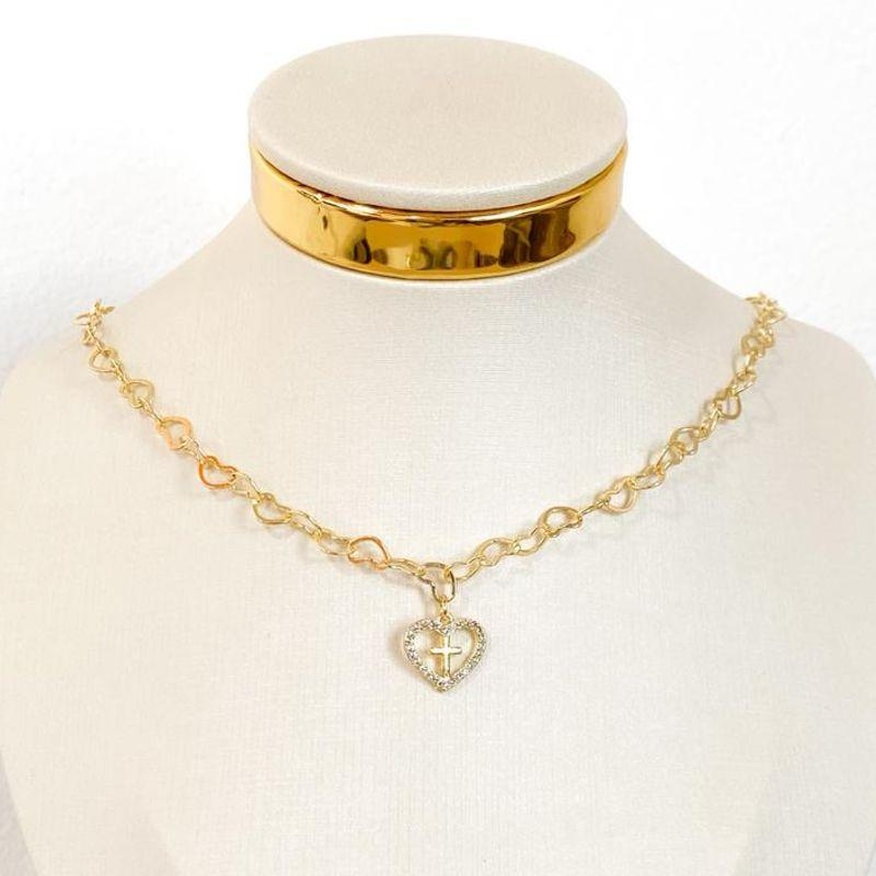 CHOCKER ELOS CORAÇÕES COM CORAÇÃO CRUZ