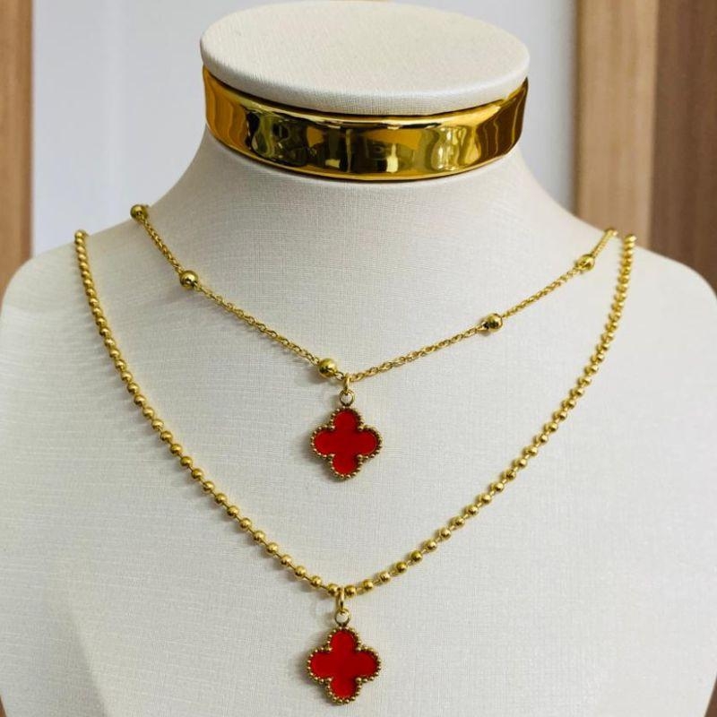 COLAR DUPLO TREVO VERMELHO