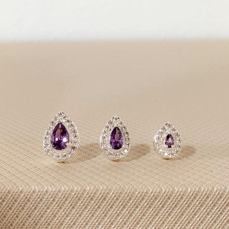 TRIO DE BRINCOS GOTA CRAVEJADA ROXA