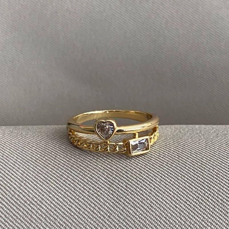 ANEL ZIRCONIA CORAÇÃO E ZIRCONIA QUADRADA