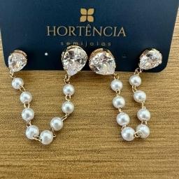 BRINCO DUPLO COM PEROLAS E GOTAS EM ZIRCONIA