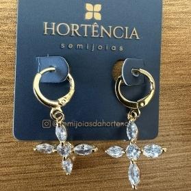 BRINCO TRANQUETA CRUZ 5 PEDRAS ZIRCONIA 