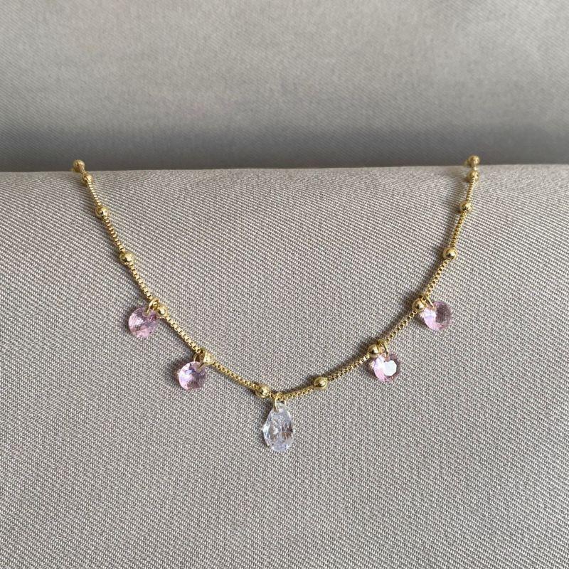 CHOCKER VENEZIANA COM BOLINHA ZIRCONIAS REDONDA ROSE E GOTA CRISTAL