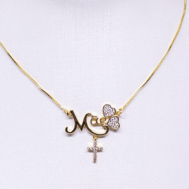 COLAR MÃE COM CORAÇÃO E CRUZ CRAVEJADA