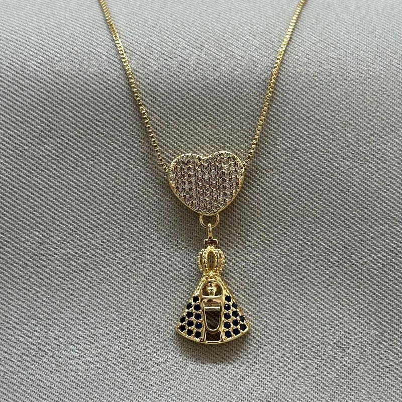 COLAR NOSSA SENHORA COM CORAÇÃO CRAVEJADO