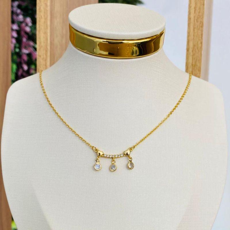 COLAR PING DOIS CORAÇOES E 3 ZIRCONIAS