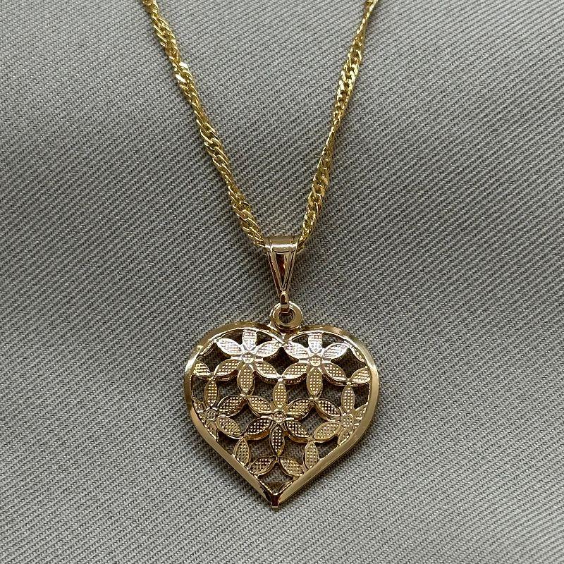 COLAR SINGAPURA PINGENTE CORAÇÃO FLOR 2 TONS DE OURO