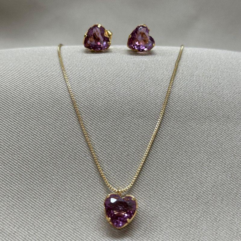 CONJUNTO CORAÇÃO ZIRCONIA 10MM VIOLETA PINGENTE / PAR DE BRINCO / CORRENTE VENEZIANA 45+5CM