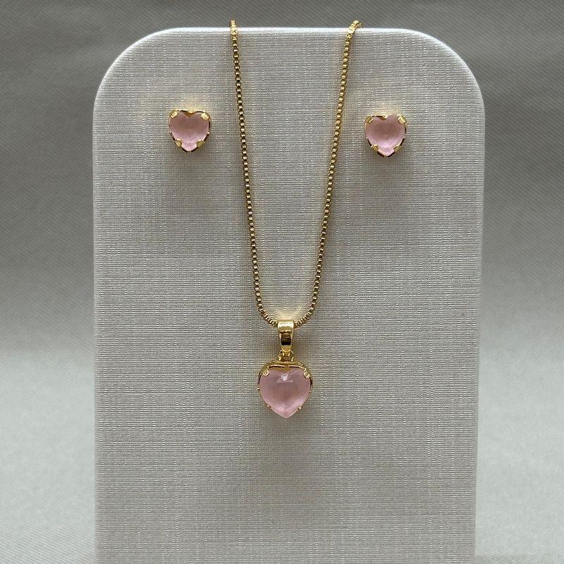 CONJUNTO CORAÇÃO ZIRCONIA ROSE OPAL 6MM PAR DE BRINCOS E PINGENTE 8MM