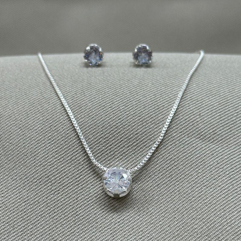 CONJUNTO EM ZIRCONIA REDONDA CRISTAL BRINCO 5MM / PINGENTE 6MM / VENEZIANA 0,8 45+5CM