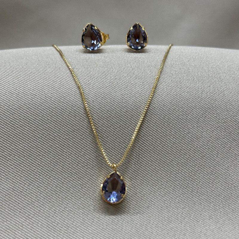 CONJUNTO GOTA 10*8 ZIRCONIA TANZANITE PINGENTE / CORRENTE VENEZIANA 45+5