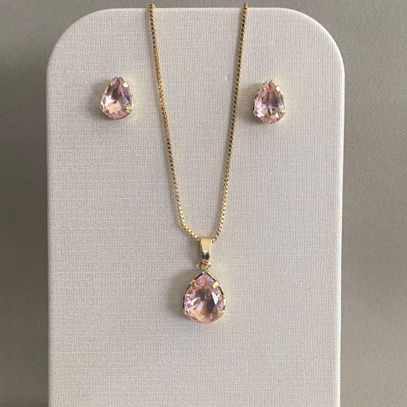 CONJUNTO GOTA BRINCO 6*8 PINGENTE 10*8 EM ZIRCONIA LIGHT ROSE