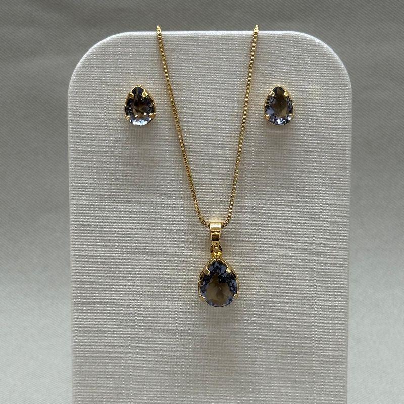 CONJUNTO GOTA BRINCO 6*8 PINGENTE 10*8 EM ZIRCONIA TANZANITE