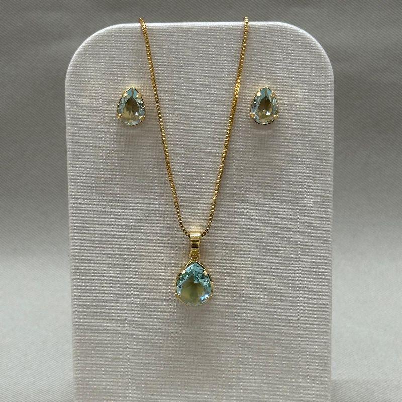 CONJUNTO GOTA BRINCO 6*8 PINGENTE COM CONTRARGOLA 10*8 EM ZIRCONIA ACQUA