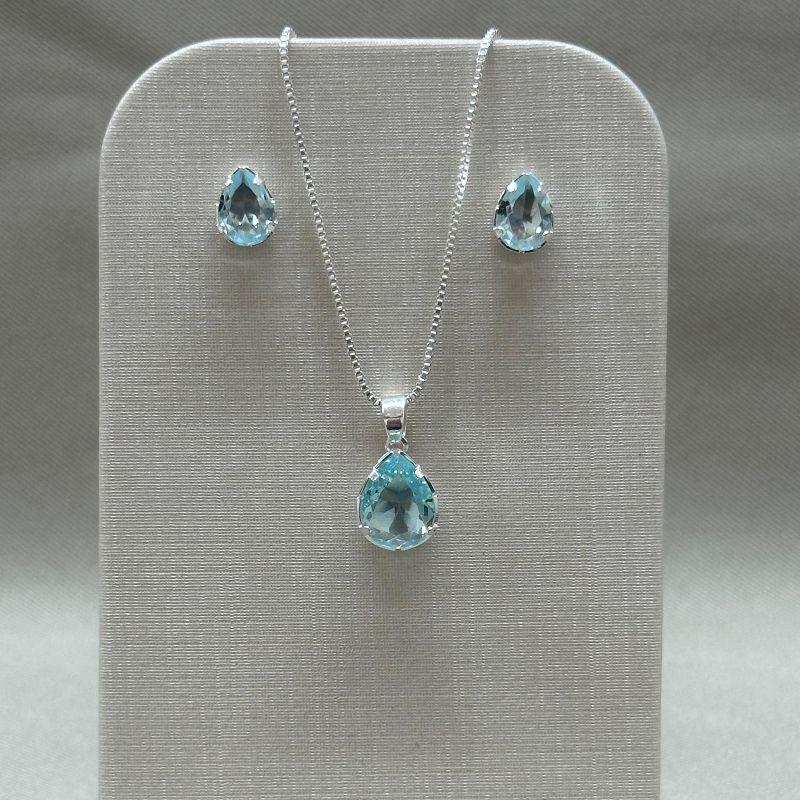 CONJUNTO GOTA BRINCO 6*8 PINGENTE COM CONTRARGOLA 10*8 EM ZIRCONIA ACQUA