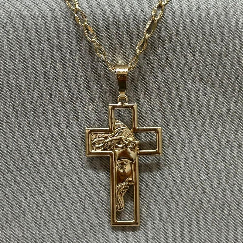 CORRENTE MASCULINA CRUZ VAZADA COM FACE DE CRISTO