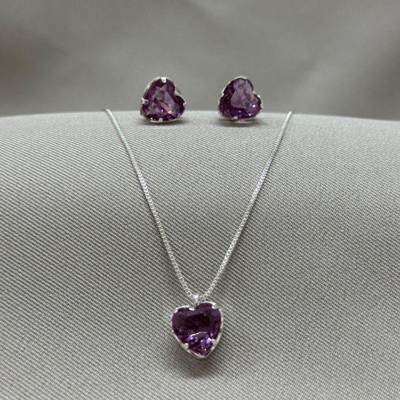 ONJUNTO CORAÇÃO ZIRCONIA 10MM VIOLETA PINGENTE / PAR DE BRINCO / CORRENTE VENEZIANA 45+5CM