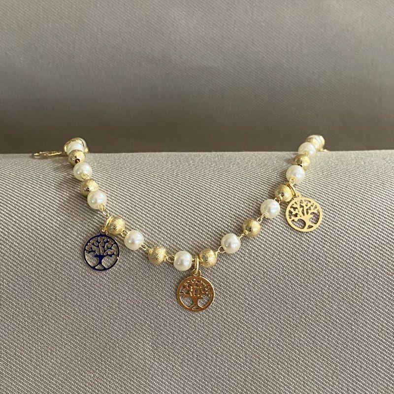 PULSEIRA BOLINHA FOSCA E PEROLA COM MEDALHA ARVORE DA VIDA