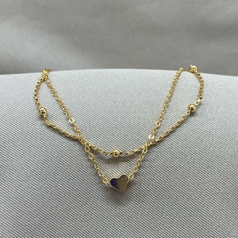 PULSEIRA DUPLA CADEADO COM CORAÇÃO E TIJOLINHO COM BOLINHAS