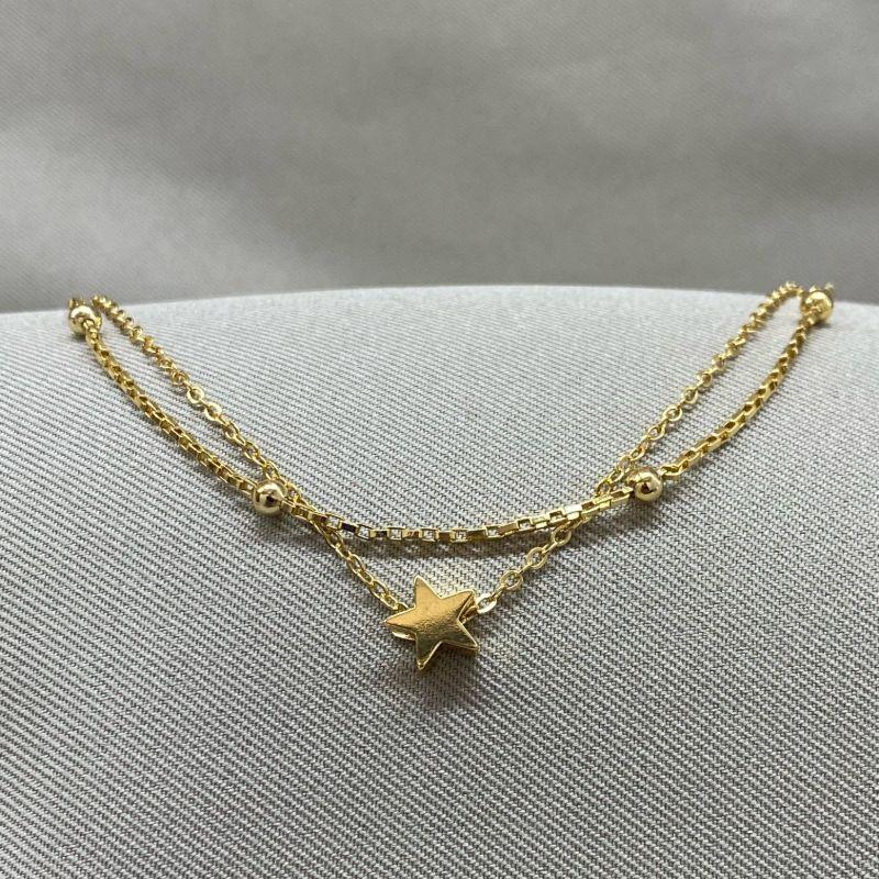 PULSEIRA DUPLA CADEADO COM ESTRELA E TIJOLINHO COM BOLINHA