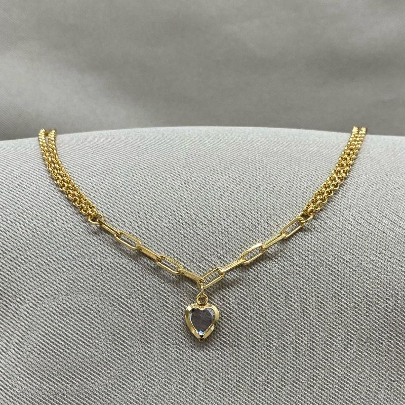 PULSEIRA ELO PORTUGUES 2MM E CARTIER COM PINGENTE ZIRCONIA CORAÇÃO CRISTAL