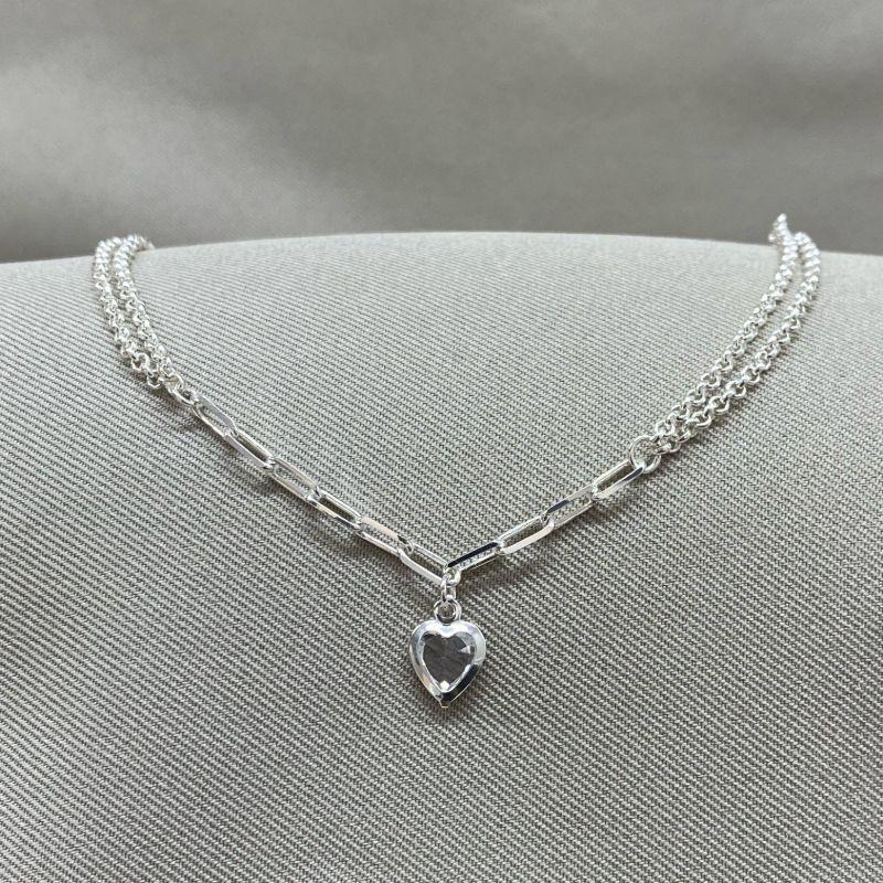 PULSEIRA ELO PORTUGUES 2MM E CARTIER COM PINGENTE ZIRCONIA CORAÇÃO CRISTAL