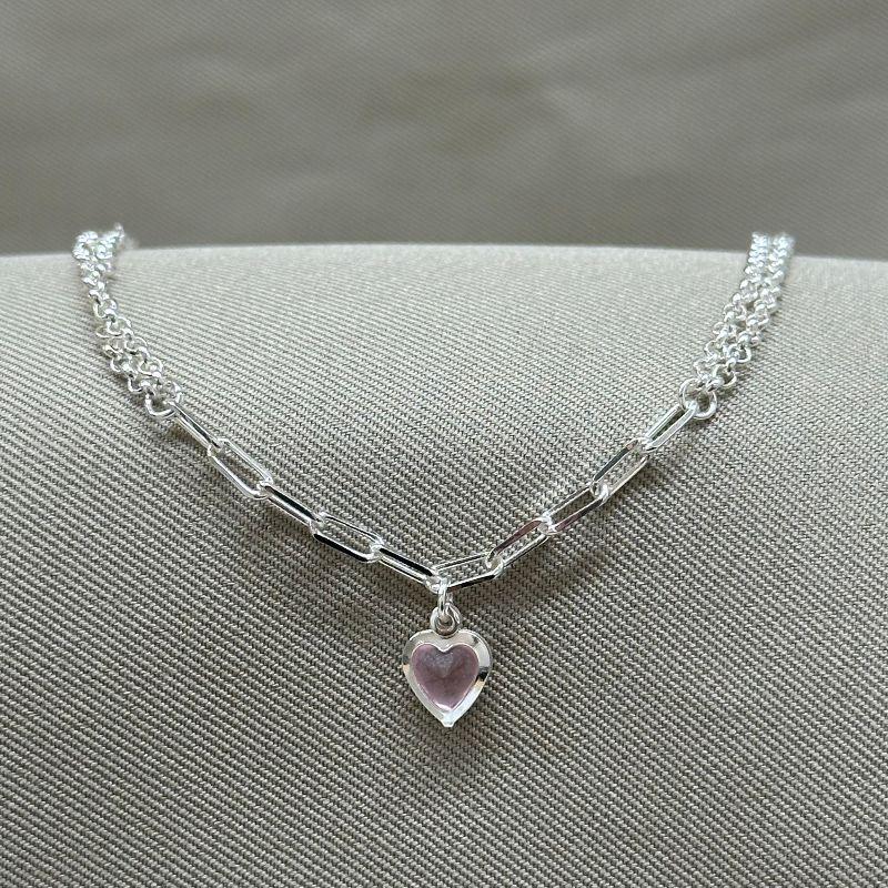 PULSEIRA ELO PORTUGUES 2MM E CARTIER COM PINGENTE ZIRCONIA CORAÇÃO ROSE OPAL