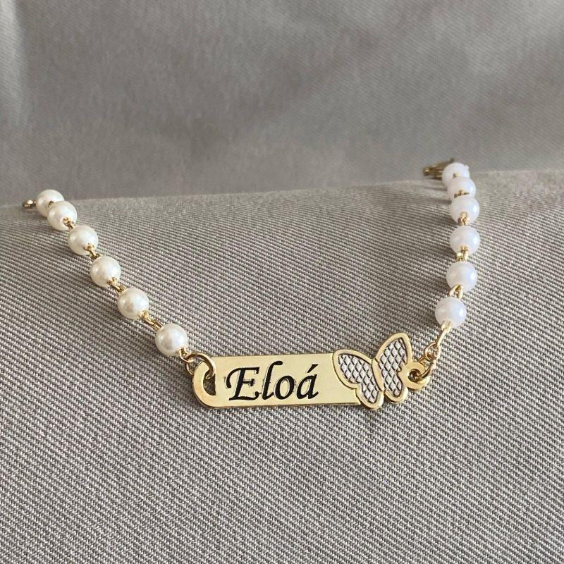 PULSEIRA INFANTIL PERSONALIZADA COM PEROLA E BORBOLETA