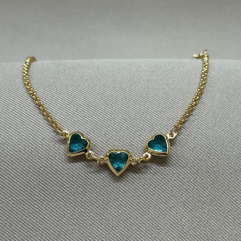 PULSLEIRA ELO PORTUGUES E CORAÇÕES 6MM EM TIFANI ACQUA MARINA