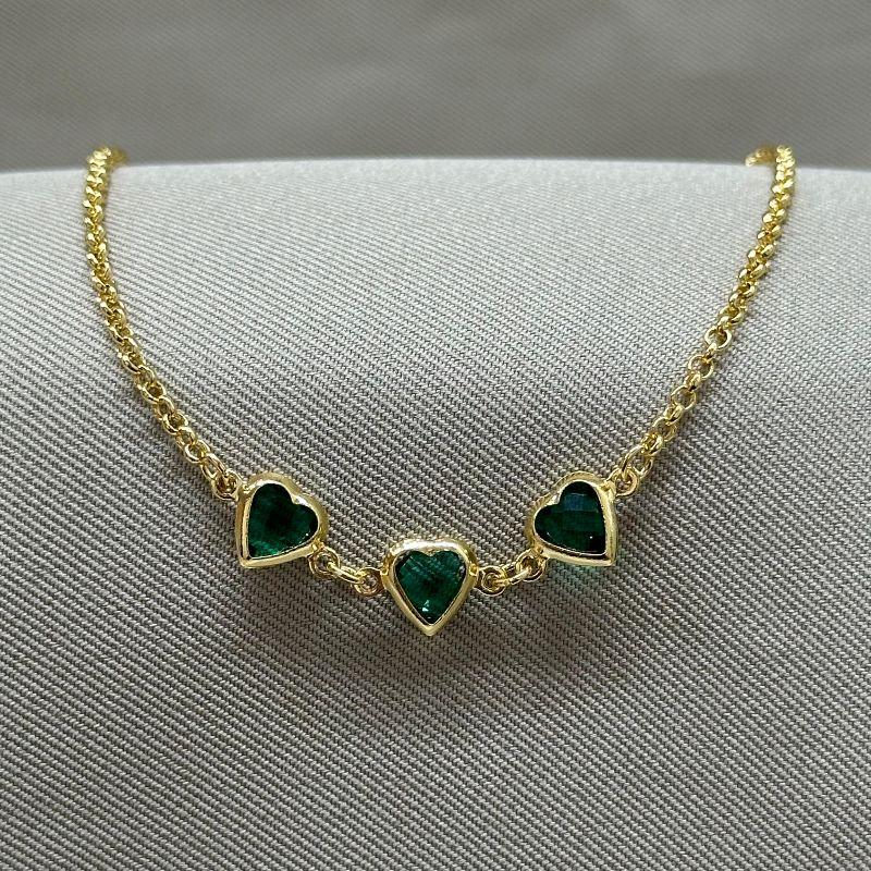 PULSLEIRA ELO PORTUGUES E CORAÇÕES 6MM EM TIFANI EMERALDA