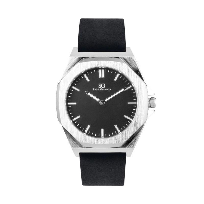 Relógio Masculino Hudson Murray Metal Prata Fundo Preto Pulseira de Couro Preta