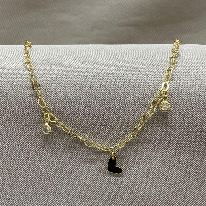 TORNOZELEIRA ELO CORAÇÃO COM CORAÇÃO E PONTOS DE LUZ EM ZIRCONIA CRISTAL