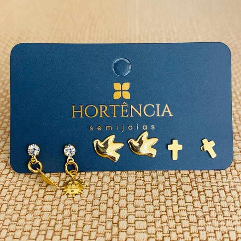 TRIO DE BRINCOS SOL / PASSARINHO / CRUZ