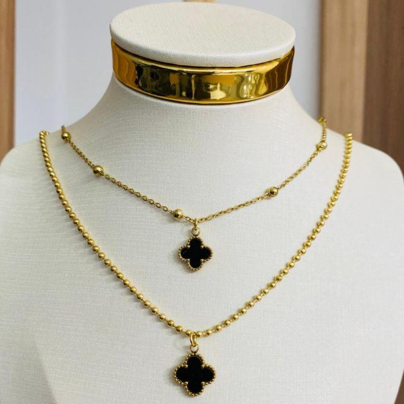 COLAR DUPLO TREVO PRETO