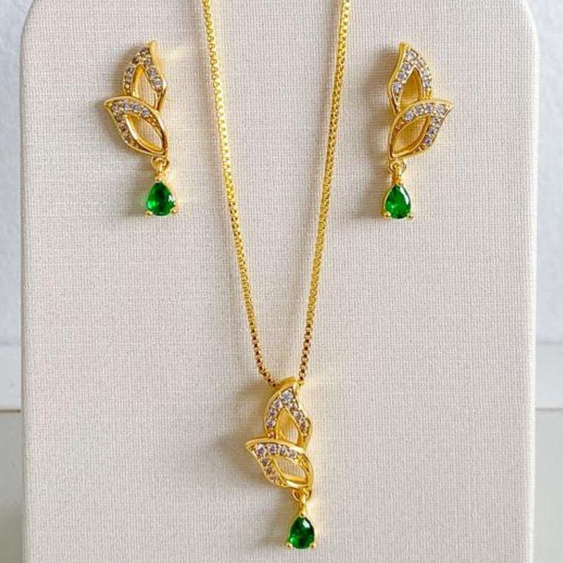 CONJUNTO FOLHAS COM ZIRCONIAS VERDE ESMERALDA