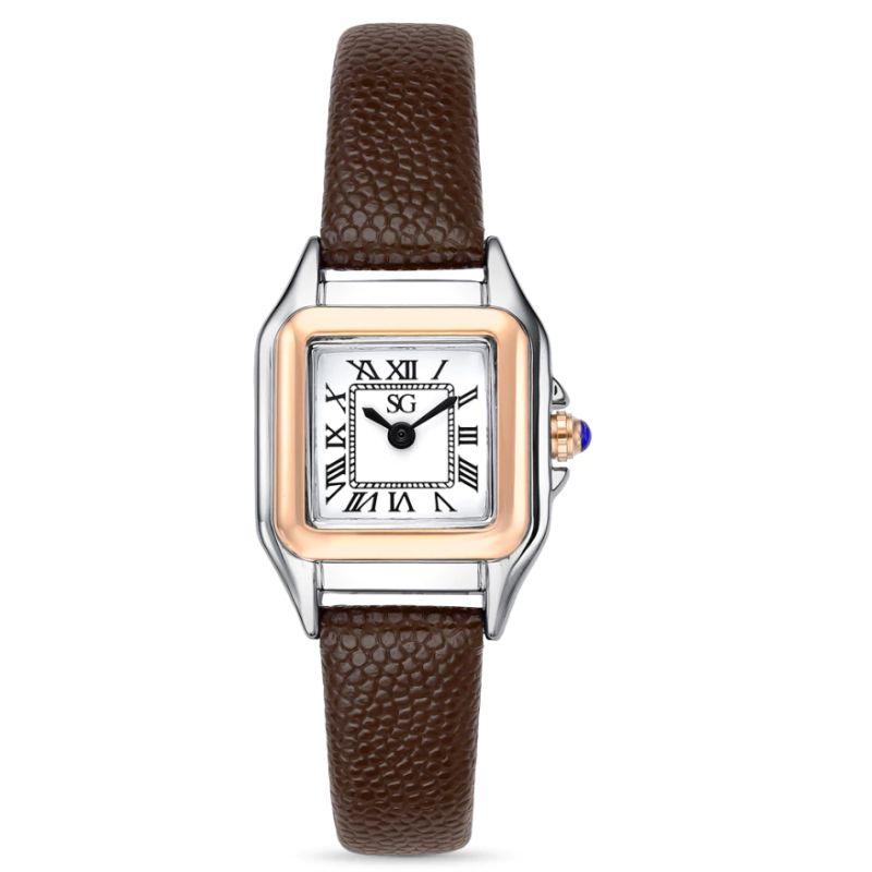 Relógio Feminino Quadrado Boxy Romain Pulseira Couro Marrom com Caixa Bicolor e Números Romanos