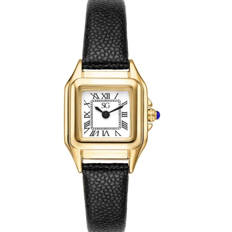 Relógio Feminino Quadrado Boxy Romain Pulseira Couro Preto com Caixa Dourada e Números Romanos